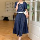 Set: Short-sleeve Square-neck Lace Trim Denim Top + Denim A-line Midi Skirt