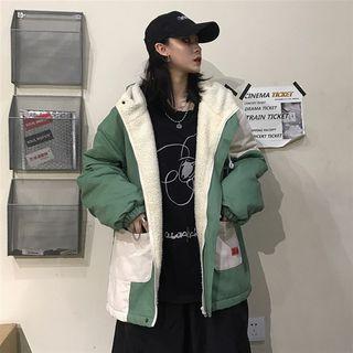 Color Block Fleece-lined Hooded Zip Jacket