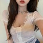 Lace-panel Button-down Crop Top White - One Size