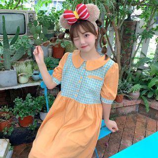 Balloon-sleeve Gingham Panel Midi A-line Dress As Shown In Figure - One Size