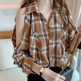 Long-sleeve Plaid Cold Shoulder Shirt