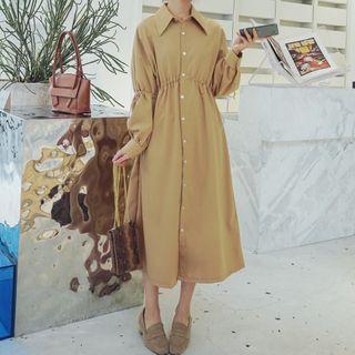 Drawcord Balloon-sleeve Midi Shirtdress