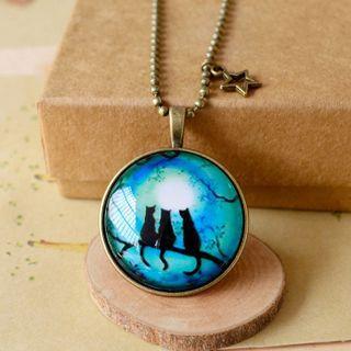 Cat Print Pendant Necklace Blue - One Size
