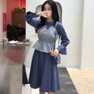 Set: Long-sleeve Midi A-line Dress + Striped Spaghetti Strap Top
