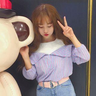 Mock Two Piece Striped Panel Cut Out Shoulder Shirt