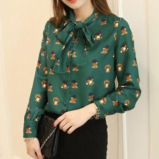 Dog Print Tie-neck Blouse