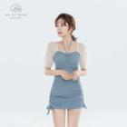 Short-sleeve Mesh Ruched Swimdress