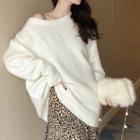 Plain Long-sleeve Knit Top White - Sweater - One Size
