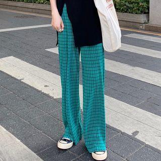High-waist Plaid Shift Wide-leg Pants