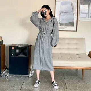 Zip-up Rib-knit Long Hoodie Dress