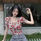 Puff-sleeve Cherry Print Cropped Blouse Red Cherry - White - One Size
