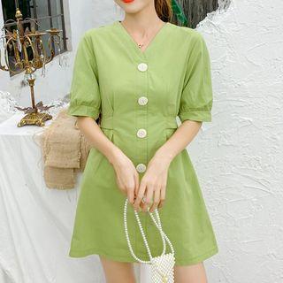 Buttoned Elbow-sleeve Mini A-line Dress