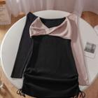 Long-sleeve Two-tone Drawstring Mini Sheath Dress Almond & Black - One Size