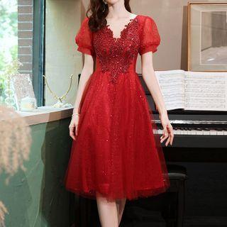 Puff-sleeve Sequined Mesh A-line Evening Dress