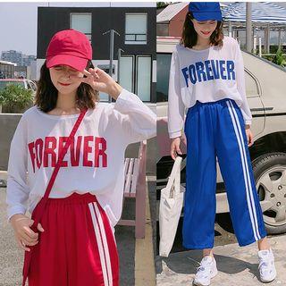 Long-sleeve Lettering T-shirt / Contrast Trim Wide-leg Pants