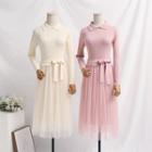 Knit Panel Long-sleeve Midi A-line Mesh Dress