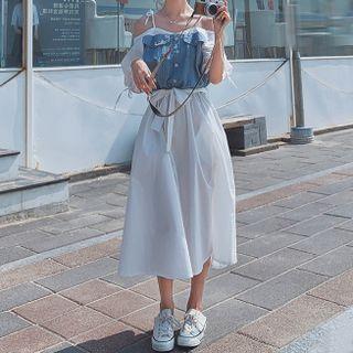 Puff-sleeve Denim Panel Midi Dress