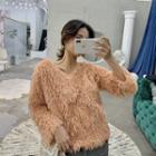 Furry V-neck Long-sleeve Sweater As Figure - One Size
