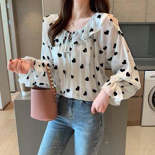 Long-sleeve Heart Print Chiffon Top