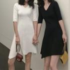 Plain V-neck Knit A-line Dress
