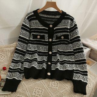 Striped Crew-neck Loose Cardigan Black - One Size