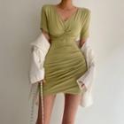 Plain V-neck Short-sleeve Mini Bodycon Dress