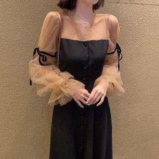 Mesh Panel Bell-sleeve Maxi A-line Dress