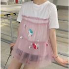 Embroidered Unicorn Mesh Panel Short-sleeve T-shirt Pink - One Size