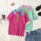 Color Block Ribbed Short-sleeve Knit Top