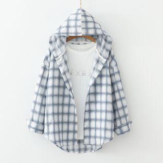 Plaid Hooded Light Jacket Light Blue - One Size