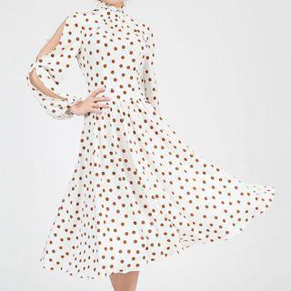 Long-sleeve Mock-neck Cutout Dotted Midi A-line Dress