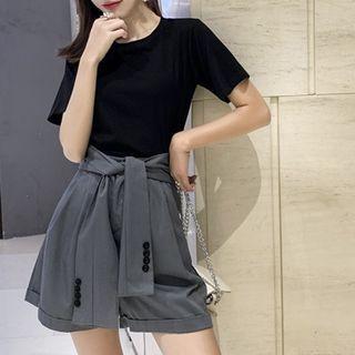 Set: Crew-neck Short-sleeve T-shirt + Tie-waist Wide-leg Shorts