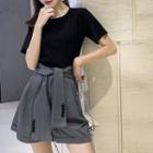 Set: Crew-neck Short-sleeve T-shirt + Tie-waist Wide-leg Shorts