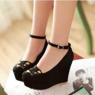 Cat Ankle Strap Wedge Pumps