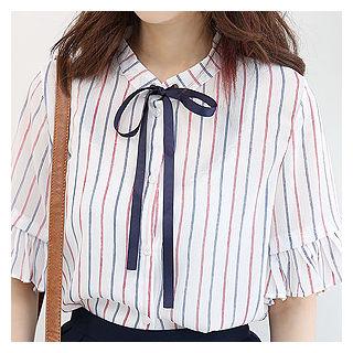Mandarin-collar Frill-cuff Stripe Blouse