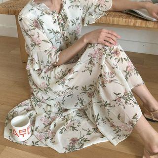 Tie-neck Frill-trim Long Floral Dress