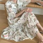 Tie-neck Frill-trim Long Floral Dress