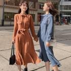 Long-sleeve Ruffled Midi Shirt Dress With Sash