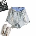Mock Two-piece Ripped Denim Shorts