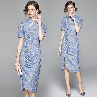 Short-sleeve Floral Printed Midi Shift Dress