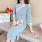 Long-sleeve Lace-trim Qipao Dress