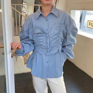 Long-sleeve Plain Mock Two Piece Shirred Shirt