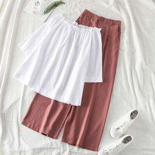 Off-shoulder Short-sleeve Blouse / Plain Loose-fit Pants