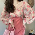 Puff-sleeve Flower Print Panel Midi Sheath Dress