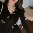 Butterfly Accent V-neck Long-sleeve Knit Top