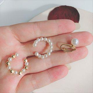 Set: Faux Pearl Ear Cuff White & Gold - One Size