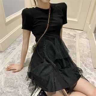 Short-sleeve Mesh A-line Dress Black - One Size