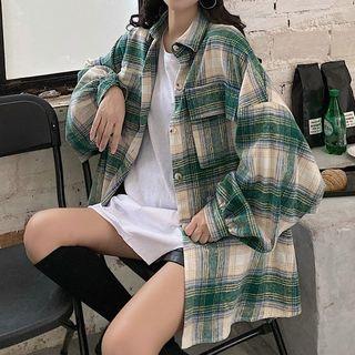 Plaid Oversize Shirt / Plain Long-sleeve T-shirt