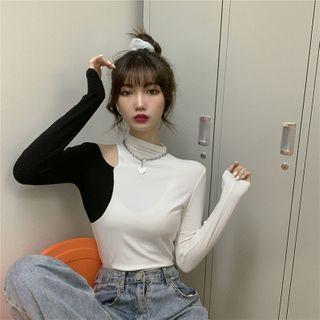 Long-sleeve Cutout Two-tone Top