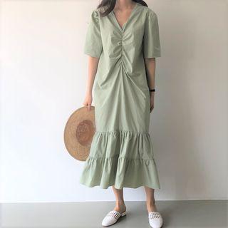 Elbow-sleeve Crinkled Midi Mermaid Dress